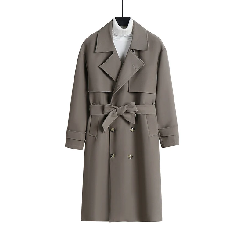 Damen Langer taillierter Trenchcoat mit weitem Schalkragen und Bindegürtel Nord Taschen