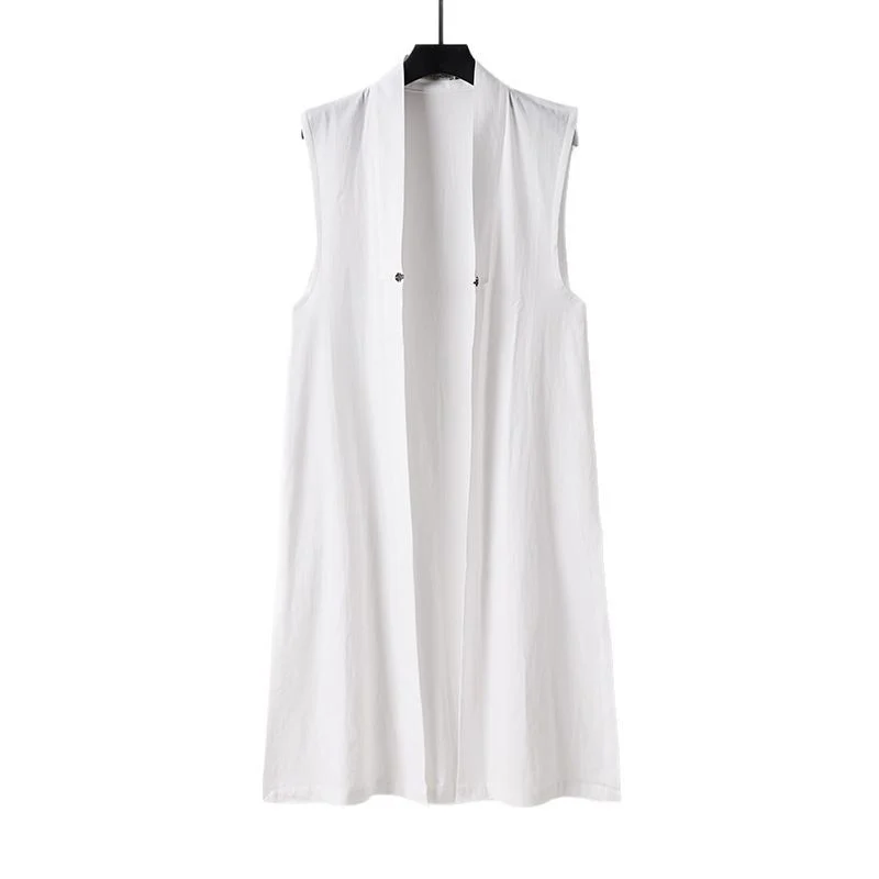 Damen Langer ärmelloser Kimono-Weste aus Leinenmix mit schmaler Schalkante und dekorativem Knebelverschluss Nord Taschen