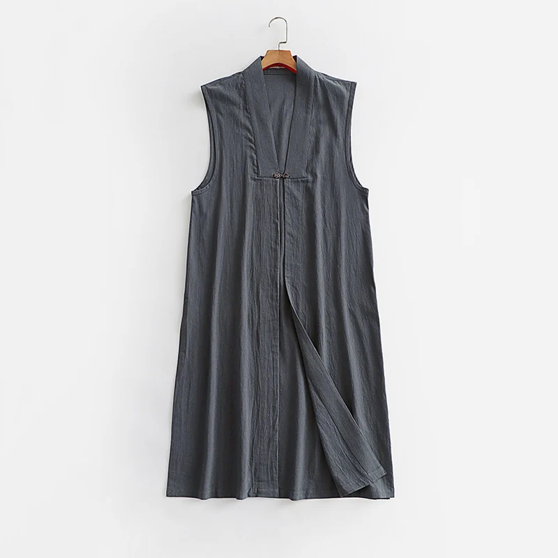 Damen Langer ärmelloser Kimono-Weste aus Leinenmix mit schmaler Schalkante und dekorativem Knebelverschluss Nord Taschen