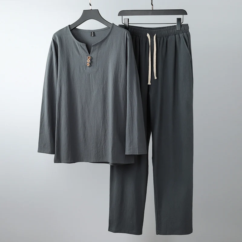 Damen Komfortables Baumwoll-Loungewear-Set mit Henley-Ausschnitt und Kordelbundhose Nord Taschen