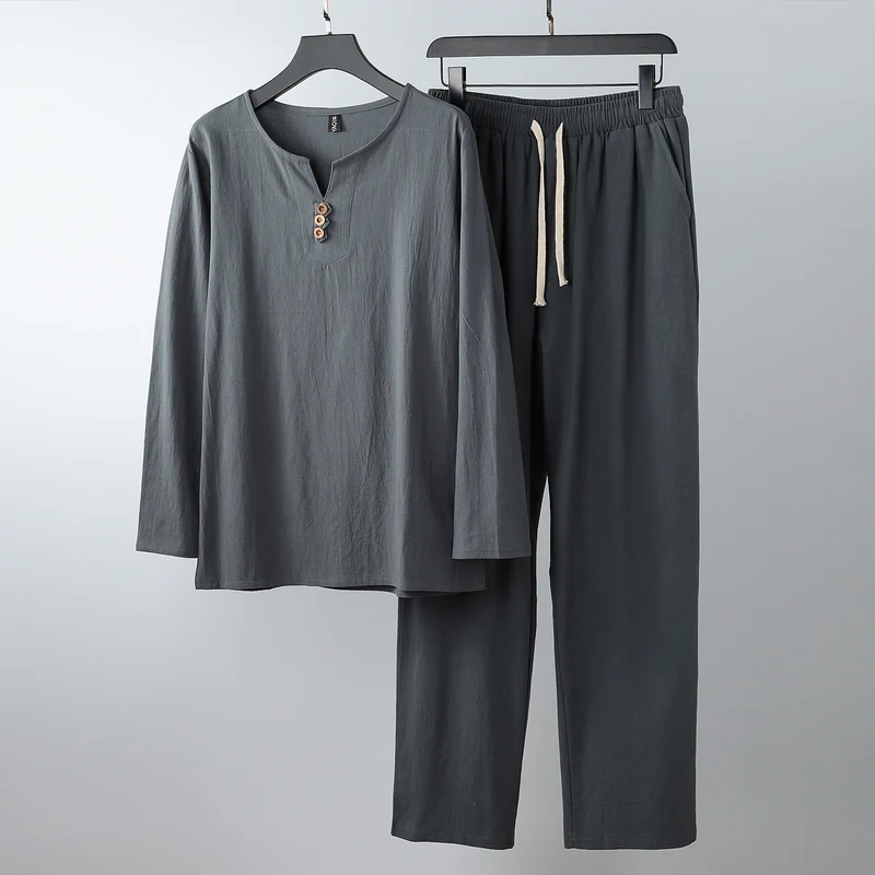Damen Komfortables Baumwoll-Loungewear-Set mit Henley-Ausschnitt und Kordelbundhose Nord Taschen