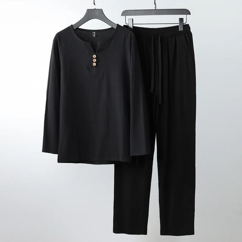 Damen Komfortables Baumwoll-Loungewear-Set mit Henley-Ausschnitt und Kordelbundhose Nord Taschen