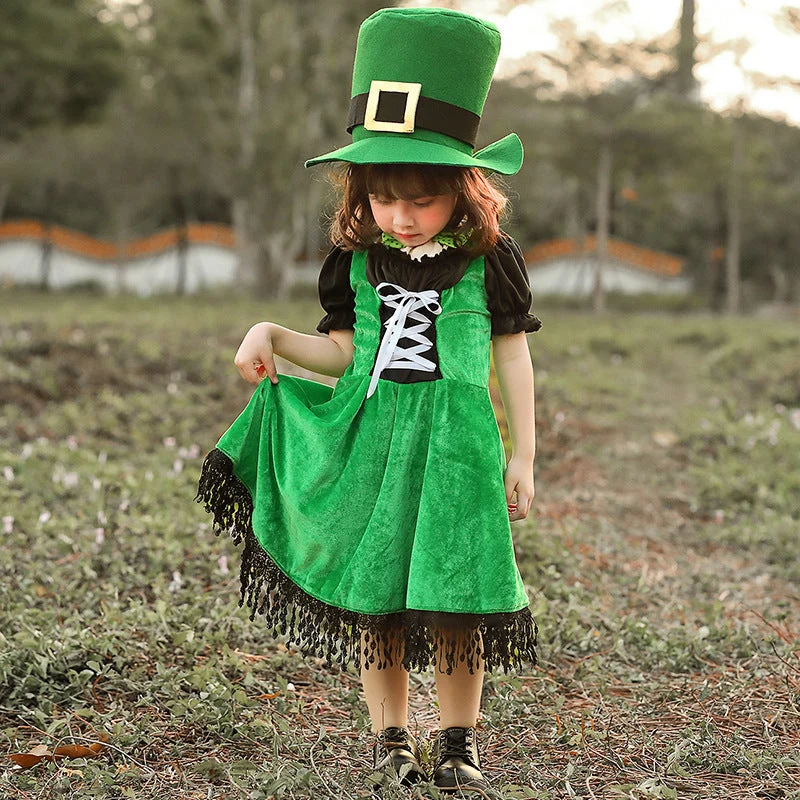 Mädchen Kostüm als irische Leprechaun mit voluminösem Rock und hohem Hut Nord Taschen