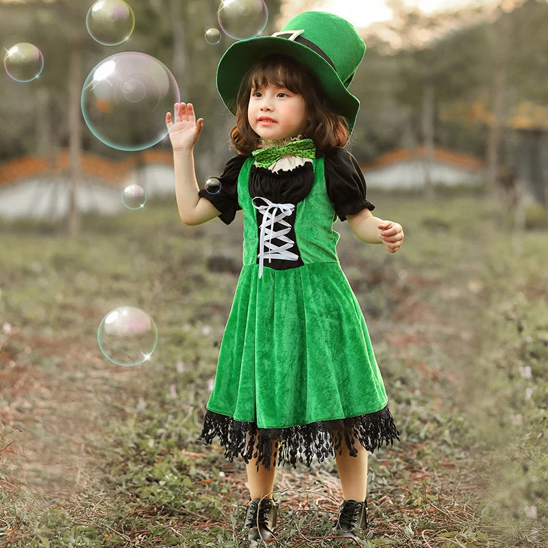 Mädchen Kostüm als irische Leprechaun mit voluminösem Rock und hohem Hut Nord Taschen