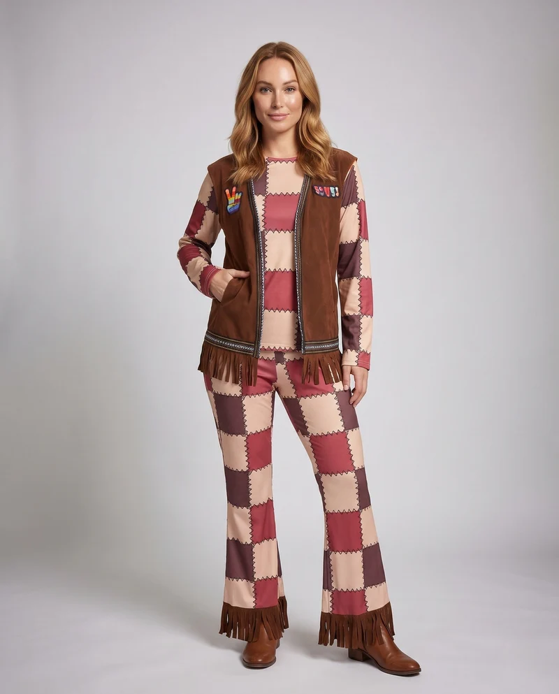Damen Boho-Chic Freizeitanzug mit Fransen und bunten Mustern Nord Taschen
