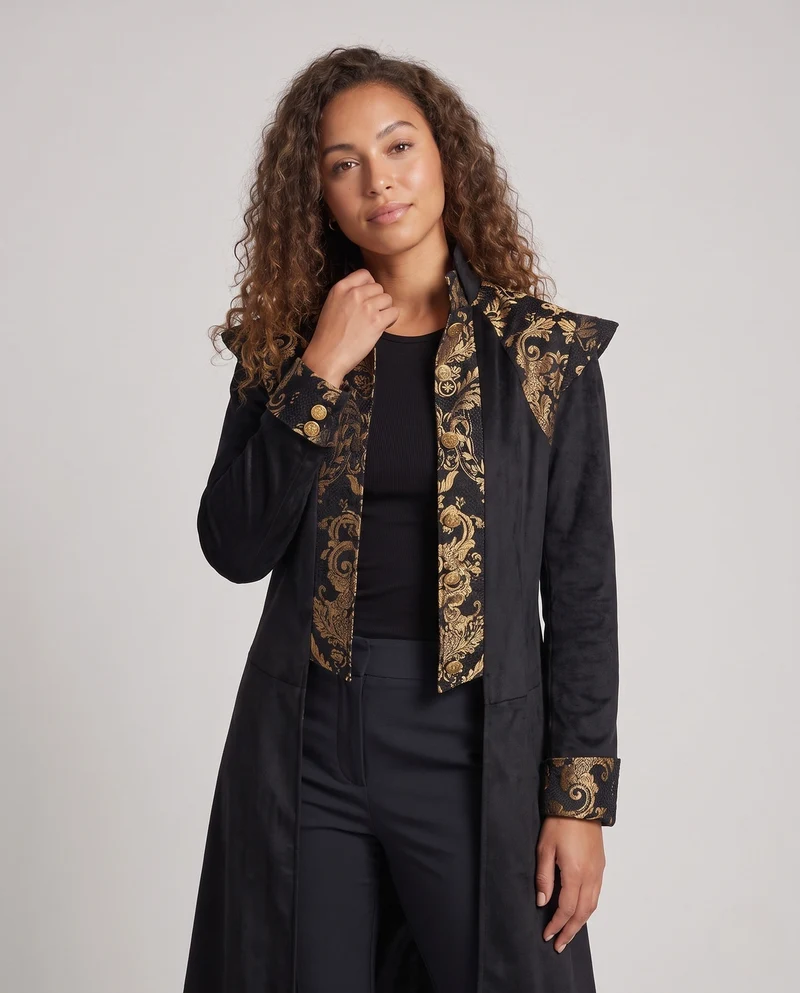 Damen Eleganter Langmantel mit kunstvoller Verzierungen und Stehkragen Nord Taschen