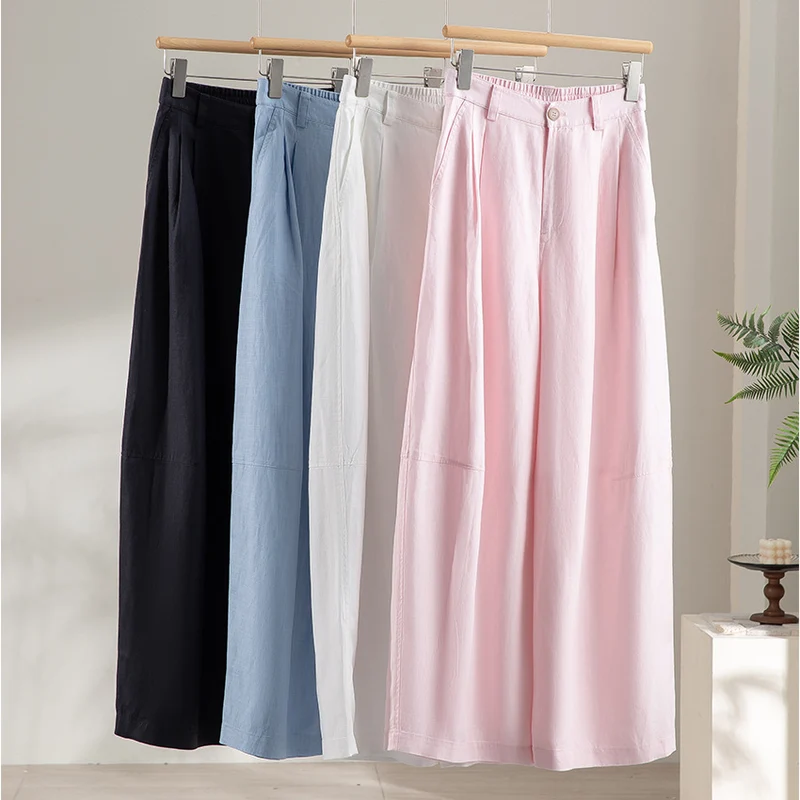 Damen weite Leinenoptik-Hose mit hoher Taille, Bügelfalte und elastischem Rückenteil Nord Taschen