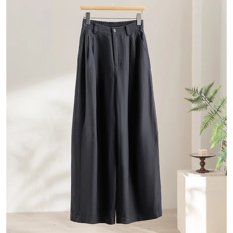 Damen weite Leinenoptik-Hose mit hoher Taille, Bügelfalte und elastischem Rückenteil Nord Taschen