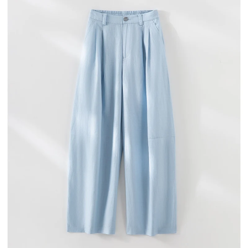 Damen weite Leinenoptik-Hose mit hoher Taille, Bügelfalte und elastischem Rückenteil Nord Taschen