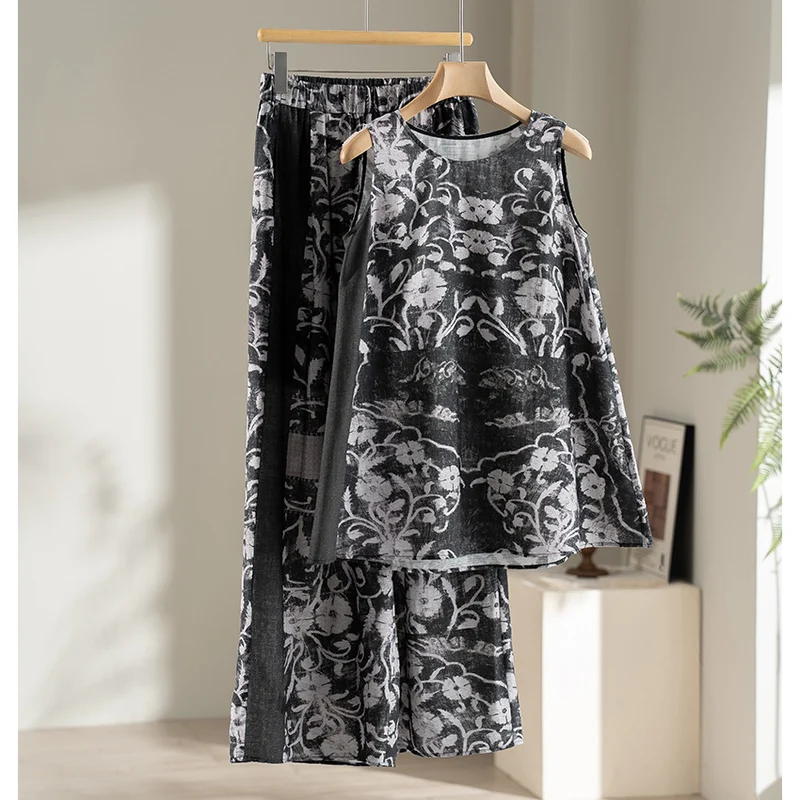 Damen Weite Leinenmix-Hose mit Elastikbund, Palazzoschnitt und ornamentalem Print Nord Taschen
