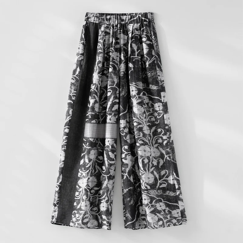 Damen Weite Leinenmix-Hose mit Elastikbund, Palazzoschnitt und ornamentalem Print Nord Taschen