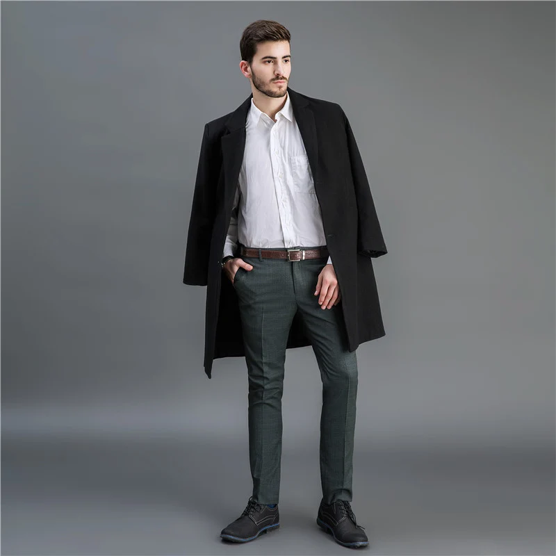 Herren Eleganter langer Wollmix-Mantel mit Schalkragen und geradem Schnitt Nord Taschen