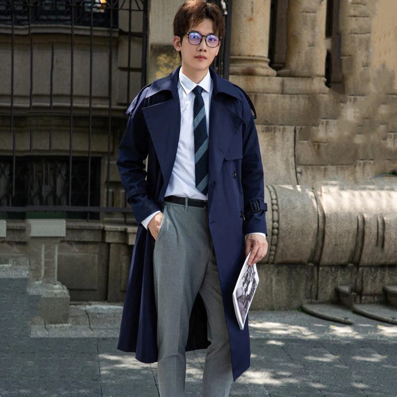 Herren Eleganter langer Trenchcoat mit Bindegürtel und Rückenpasse Nord Taschen