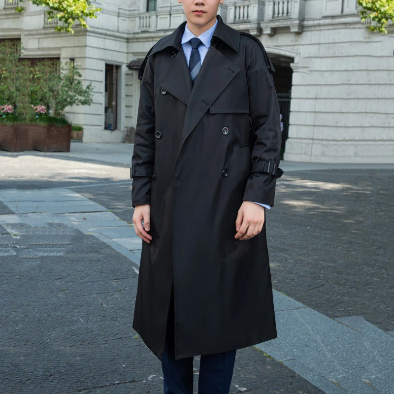 Herren Eleganter langer Trenchcoat mit Bindegürtel und Rückenpasse Nord Taschen