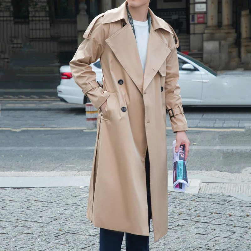 Herren Eleganter langer Trenchcoat mit Bindegürtel und Rückenpasse Nord Taschen