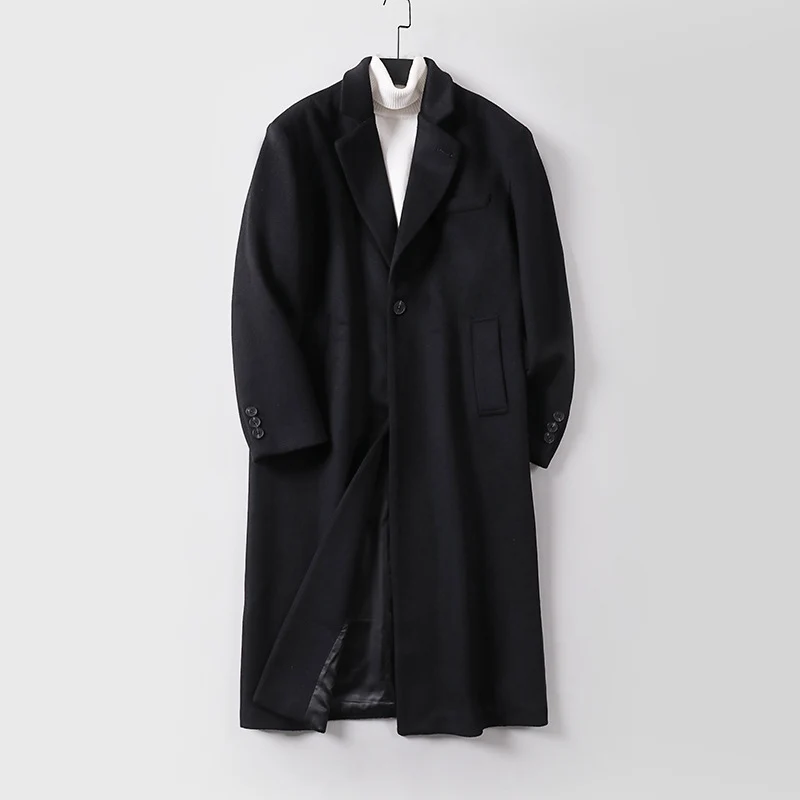 Herren Eleganter langer Einreiher-Wollmantel mit schmalem Revers und taillierter Silhouette Nord Taschen
