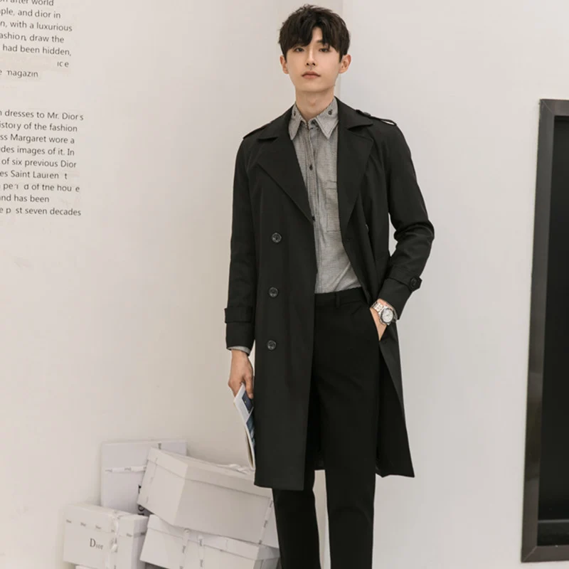 Herren Eleganter knielanger Trenchcoat aus leichtem Funktionsstoff mit Taillengürtel Nord Taschen