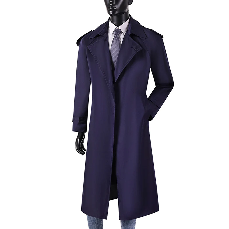 Herren eleganter knie- bis wadenlanger Trenchcoat mit verdeckter Knopfleiste und Schulterklappen Nord Taschen