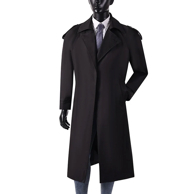 Herren eleganter knie- bis wadenlanger Trenchcoat mit verdeckter Knopfleiste und Schulterklappen Nord Taschen