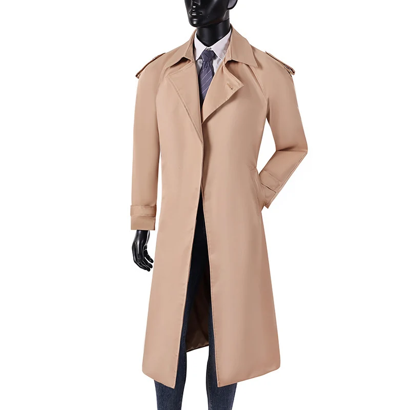 Herren eleganter knie- bis wadenlanger Trenchcoat mit verdeckter Knopfleiste und Schulterklappen Nord Taschen