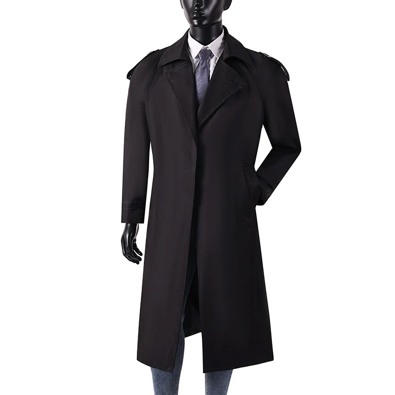 Herren eleganter knie- bis wadenlanger Trenchcoat mit verdeckter Knopfleiste und Schulterklappen Nord Taschen