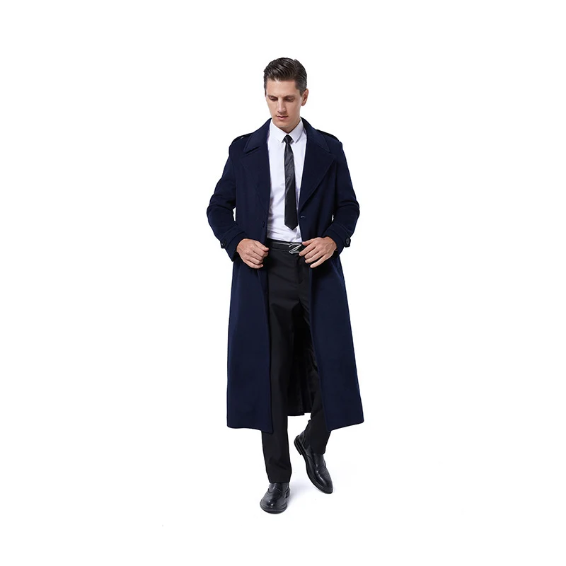 Herren Einreihiger maxilanger Wollmantel mit Bindegürtel und Schulterklappen Nord Taschen