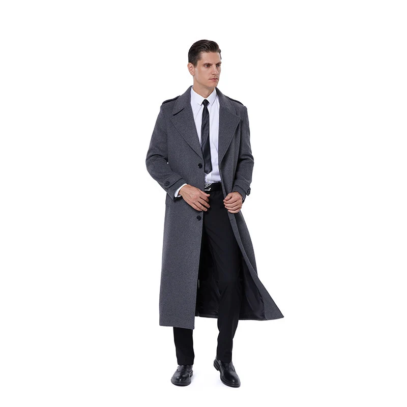 Herren Einreihiger maxilanger Wollmantel mit Bindegürtel und Schulterklappen Nord Taschen