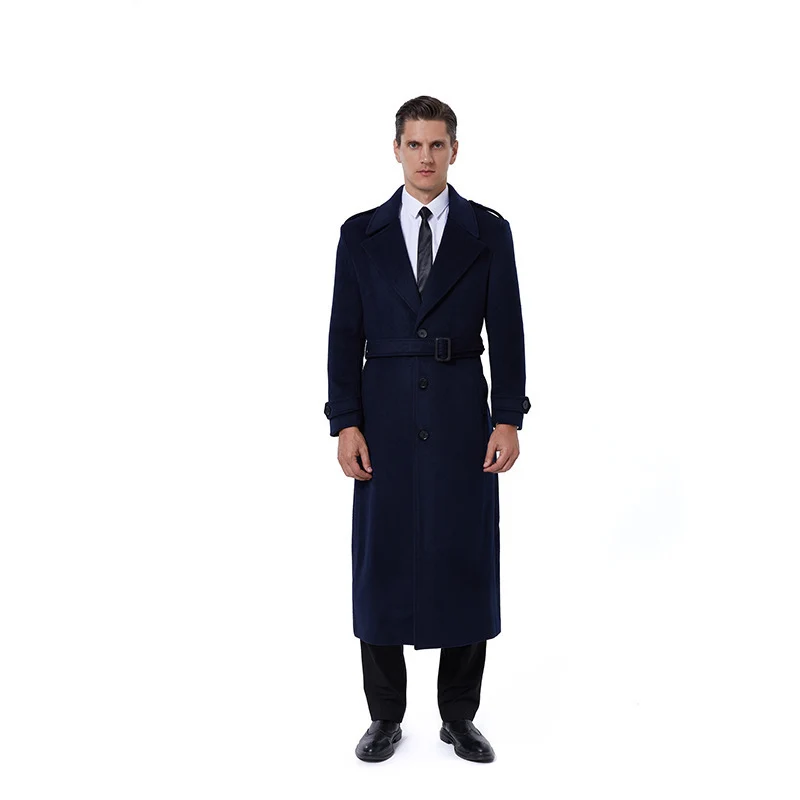 Herren Einreihiger maxilanger Wollmantel mit Bindegürtel und Schulterklappen Nord Taschen