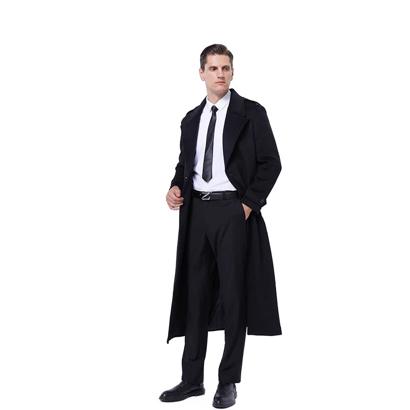 Herren Einreihiger maxilanger Wollmantel mit Bindegürtel und Schulterklappen Nord Taschen