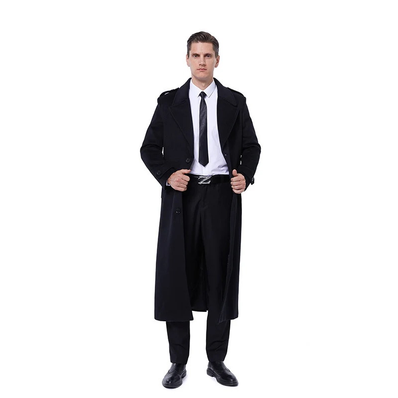 Herren Einreihiger maxilanger Wollmantel mit Bindegürtel und Schulterklappen Nord Taschen