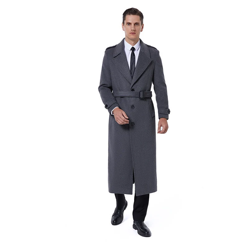 Herren Einreihiger maxilanger Wollmantel mit Bindegürtel und Schulterklappen Nord Taschen