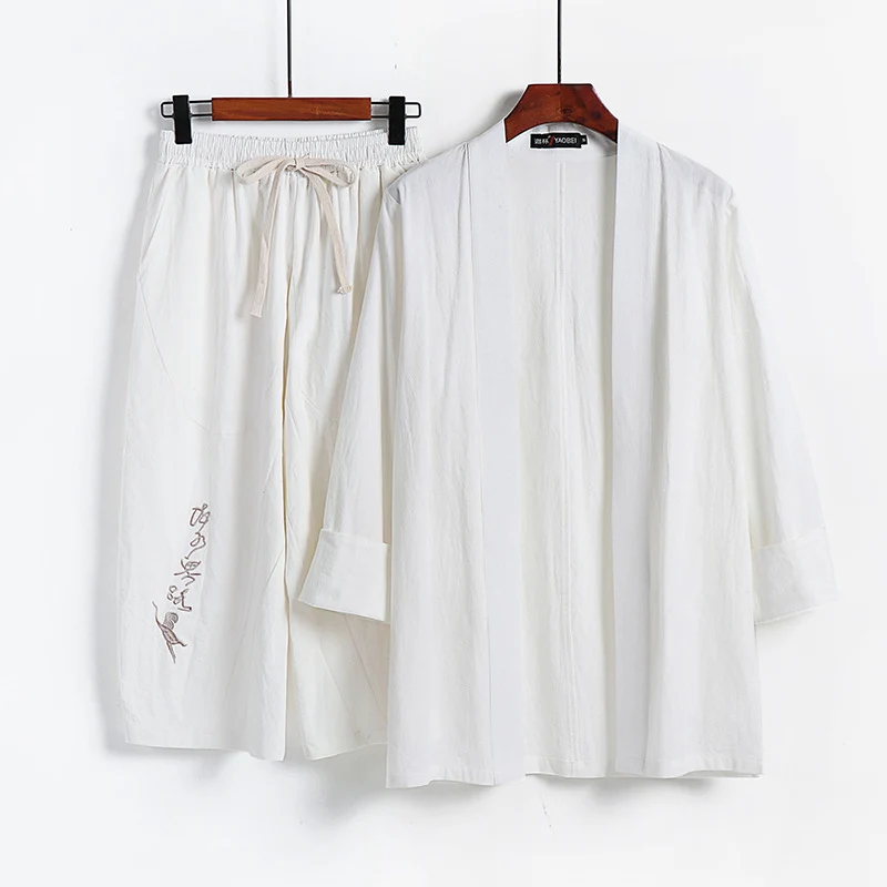 Damen Kimono-Set aus leichter Baumwollmischung offene Jacke mit lässig gekrempelten Ärmeln und weiter Haremshose mit Kordelzug Nord Taschen