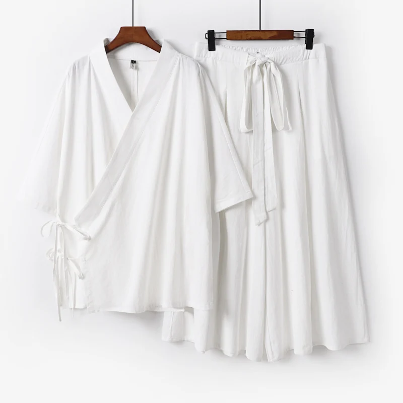 Damen Kimono-Loungewear-Set aus leichter Viskose mit Wickeloberteil und weitem Culotte-Hosenrock Nord Taschen