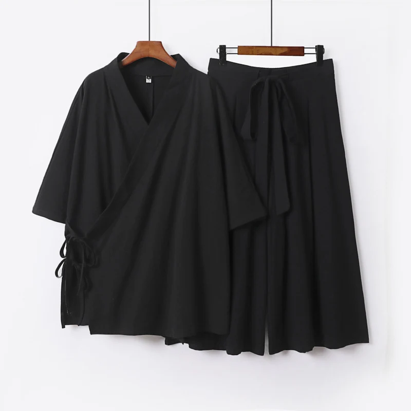 Damen Kimono-Loungewear-Set aus leichter Viskose mit Wickeloberteil und weitem Culotte-Hosenrock Nord Taschen