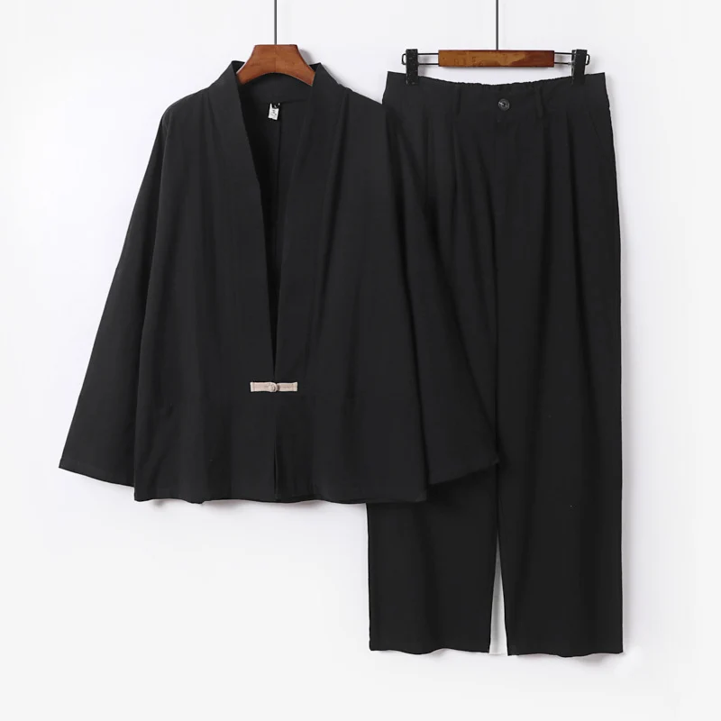 Damen Kimono-Lounge-Set aus leichtem Viskose-Leinen mit dekorativem Knebelverschluss und weiter Bundhose Nord Taschen