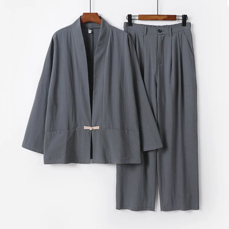 Damen Kimono-Lounge-Set aus leichtem Viskose-Leinen mit dekorativem Knebelverschluss und weiter Bundhose Nord Taschen