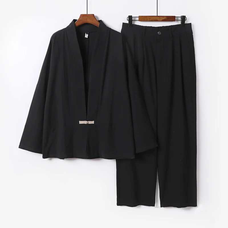 Damen Kimono-Lounge-Set aus leichtem Viskose-Leinen mit dekorativem Knebelverschluss und weiter Bundhose Nord Taschen