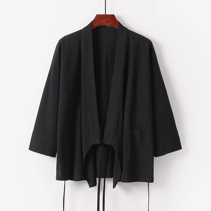 Damen Kimono-Cardigan aus Baumwoll-Leinen mit dreiviertelärmeln Bindegürtel und aufgesetzten Taschen Nord Taschen