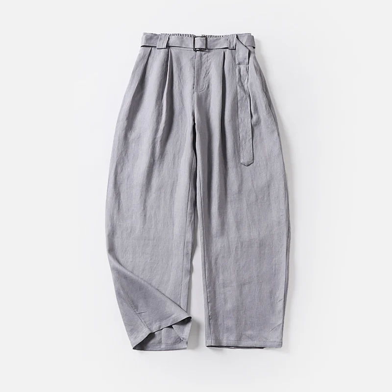 Damen Hochtaillierte Leinen-Baumwoll Bundfaltenhose mit Bindegürtel und tapered Bein Nord Taschen