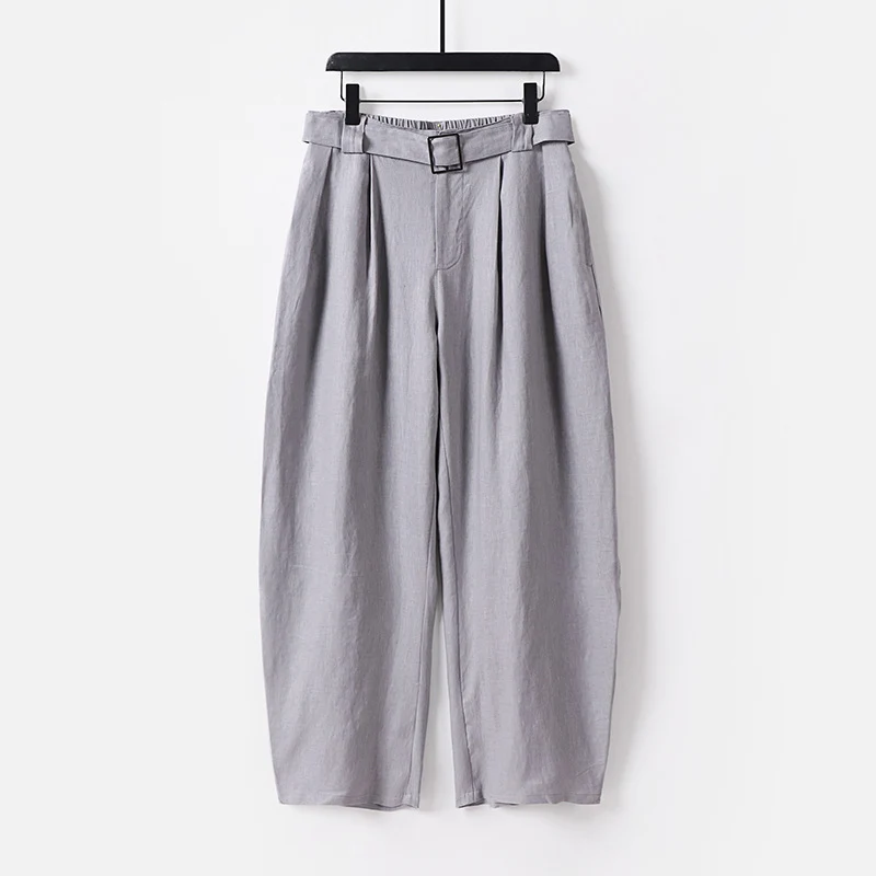 Damen Hochgeschnittene weite Leinenmix-Hose mit Bundfalten und Stoffgürtel Nord Taschen
