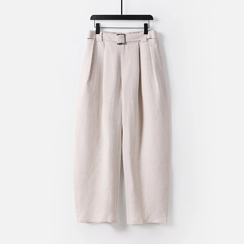 Damen Hochgeschnittene weite Leinenmix-Hose mit Bundfalten und Stoffgürtel Nord Taschen