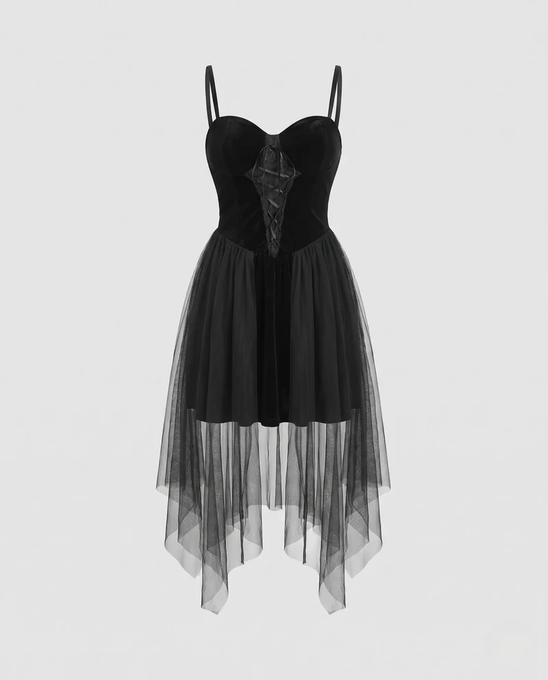 Damen verführerisches Gothic Kleid mit transparenten Tüll-Röcken Nord Taschen