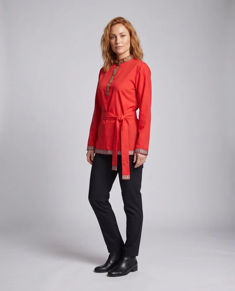 Damen Elegante ethnische Bluse mit feinen Stickereien und Taillengürtel Nord Taschen