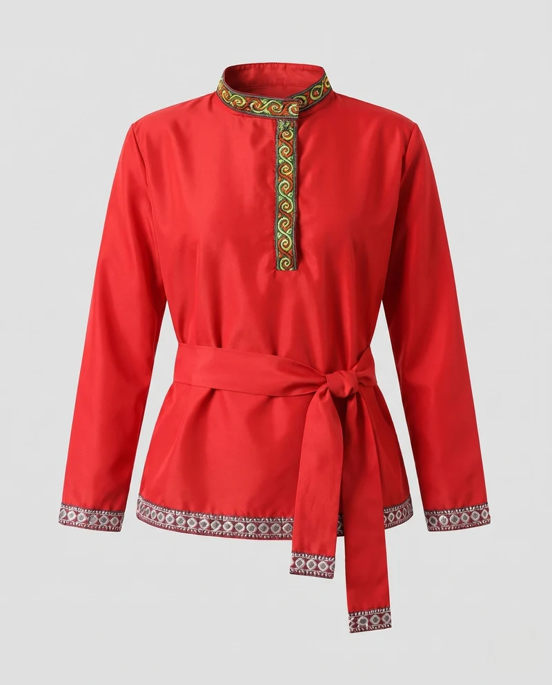 Damen Elegante ethnische Bluse mit feinen Stickereien und Taillengürtel Nord Taschen