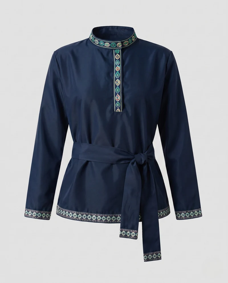 Damen Elegante ethnische Bluse mit feinen Stickereien und Taillengürtel Nord Taschen