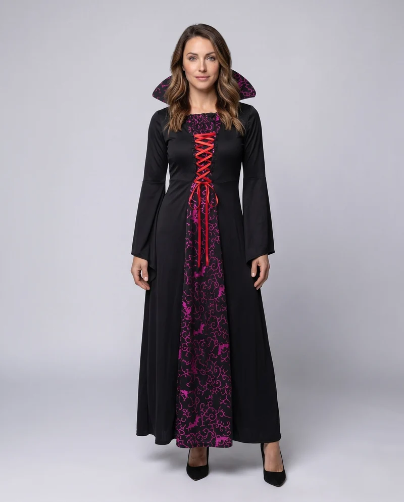 Damen Elegantes Hexen Kleid mit Kapuze und verzierenden Rüschen Nord Taschen
