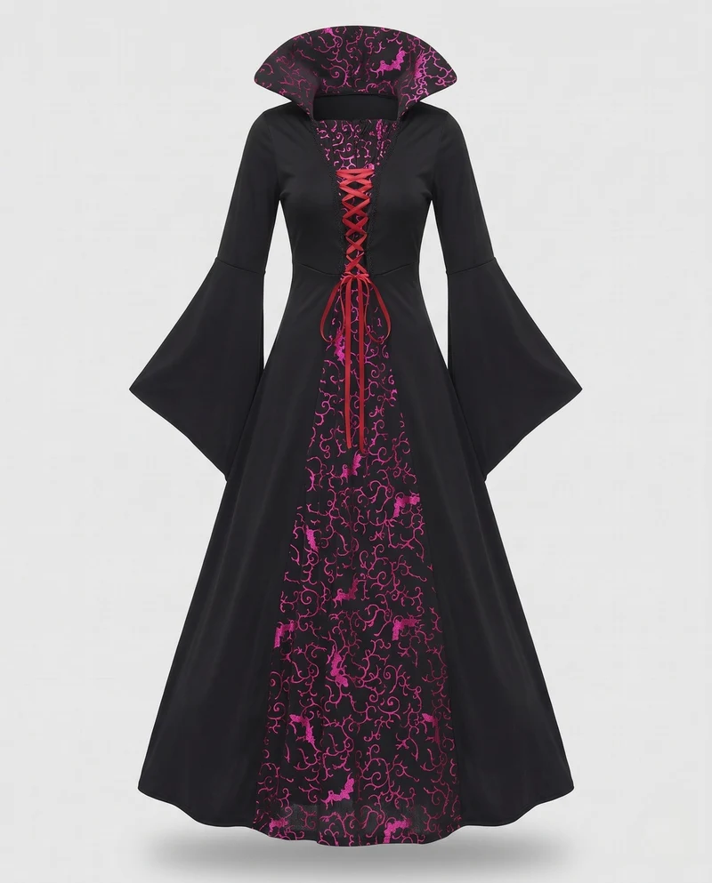 Damen Elegantes Hexen Kleid mit Kapuze und verzierenden Rüschen Nord Taschen