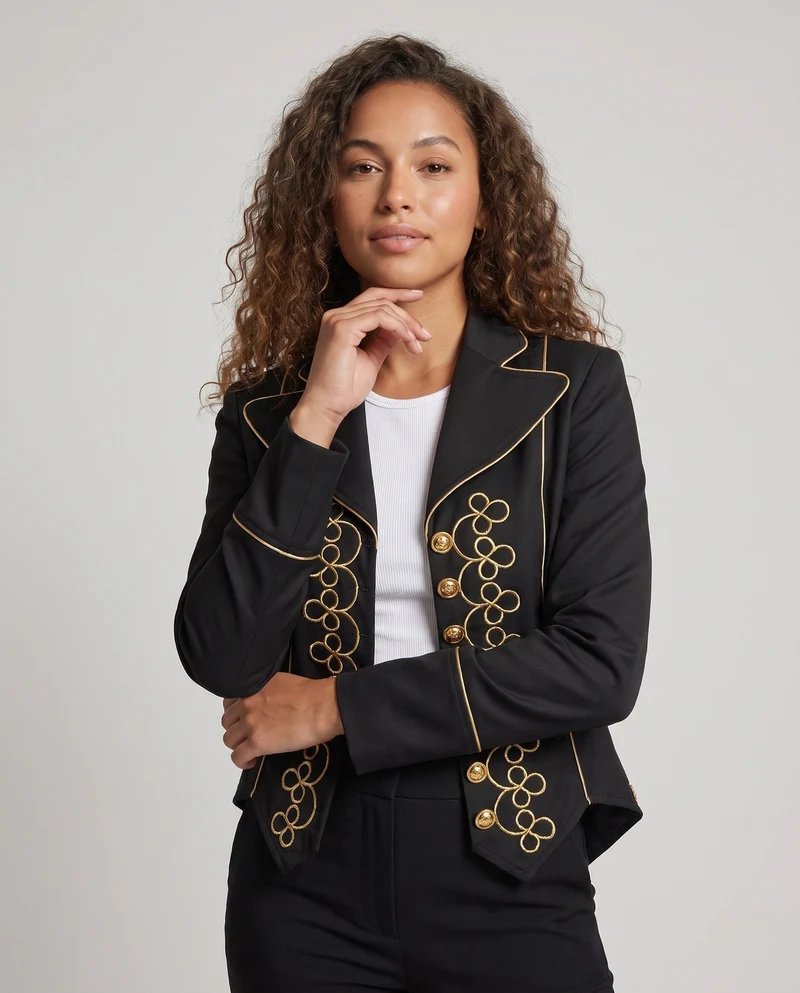 Damen Eleganter Satinblazer mit kunstvollen goldenen Verzierungen Nord Taschen