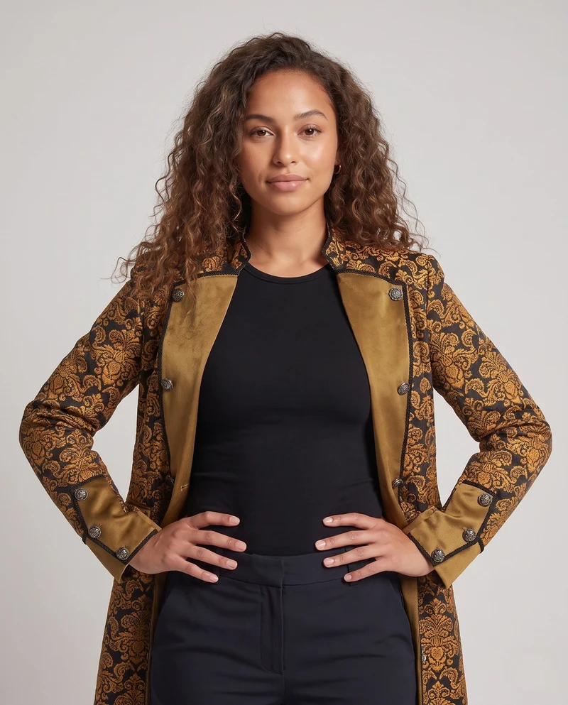 Damen Eleganter Stehkragen-Mantel mit kunstvollem Muster und verziertem Saum Nord Taschen