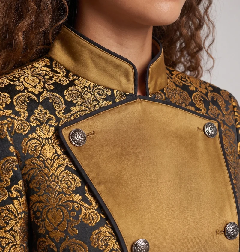 Damen Eleganter Stehkragen-Mantel mit kunstvollem Muster und verziertem Saum Nord Taschen